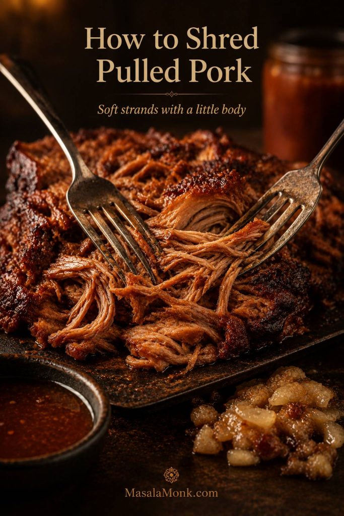 Close-up of warm pulled pork being shredded with forks into medium strands while keeping the texture juicy and structured.