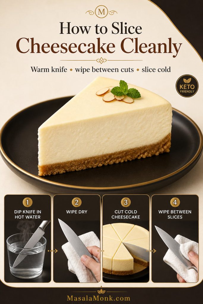 Clean cheesecake slicing guide showing a hot knife, wiping the blade, cutting cold cheesecake, and a neat slice on a plate.