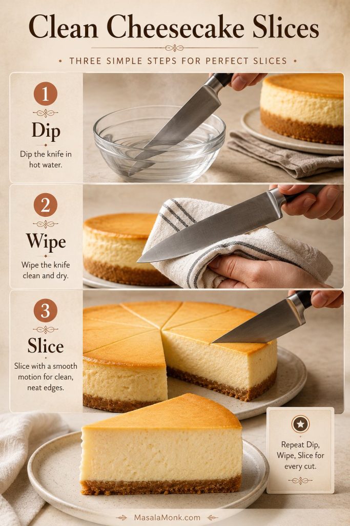 Three-step clean slicing guide showing a knife dipped in hot water, wiped dry, and used to cut cheesecake.