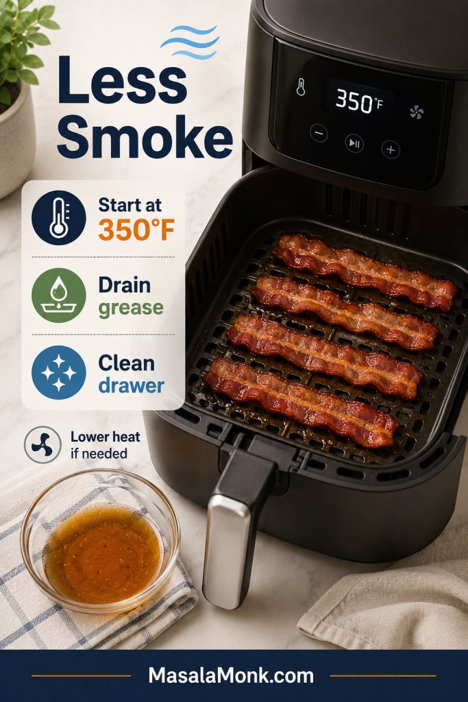 Air fryer bacon smoke prevention guide showing a 350°F setting, bacon in a basket, drained grease, and a clean drawer cue.