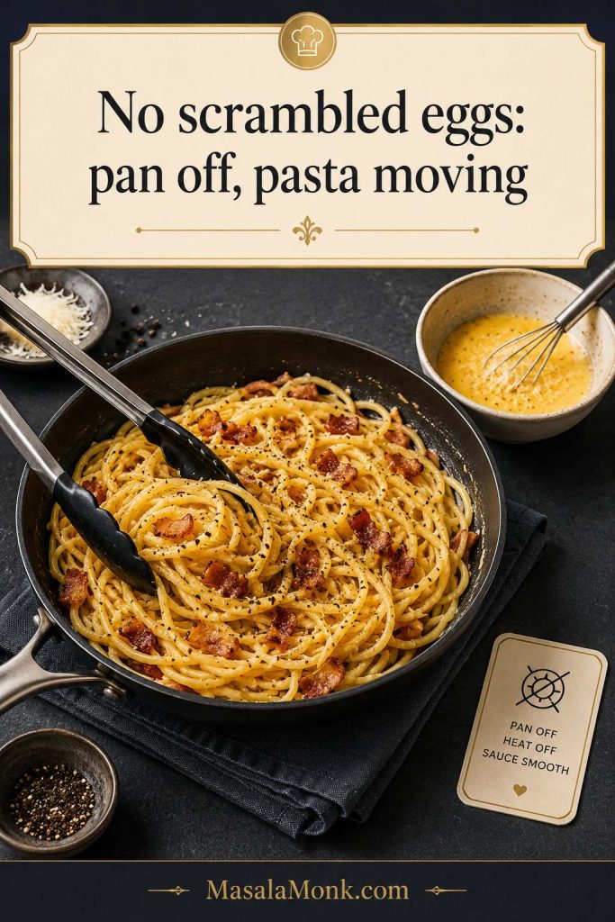 Bacon carbonara in a skillet with tongs, egg mixture nearby, and visual cues for preventing scrambled eggs.