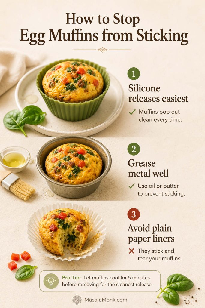 Egg muffin sticking guide showing silicone cups, greased metal pan, and muffins being released from a muffin tin.
