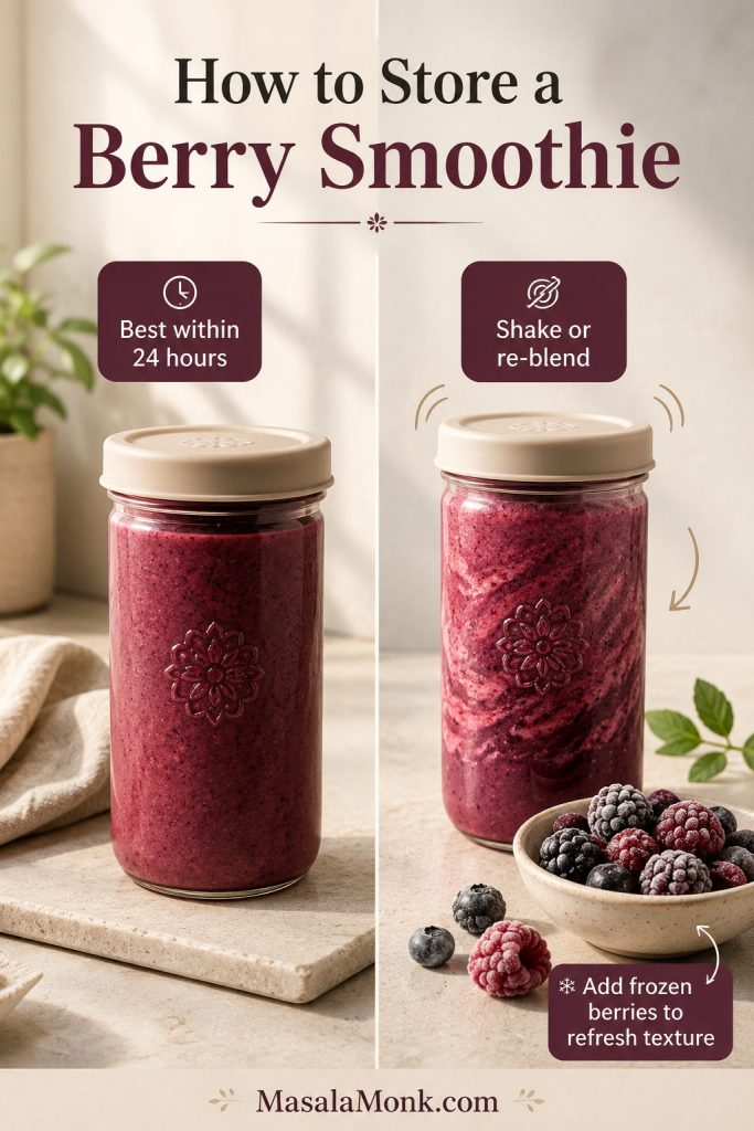 Berry smoothie storage guide showing lidded jars, a shake or re-blend cue, and frozen berries to refresh texture.