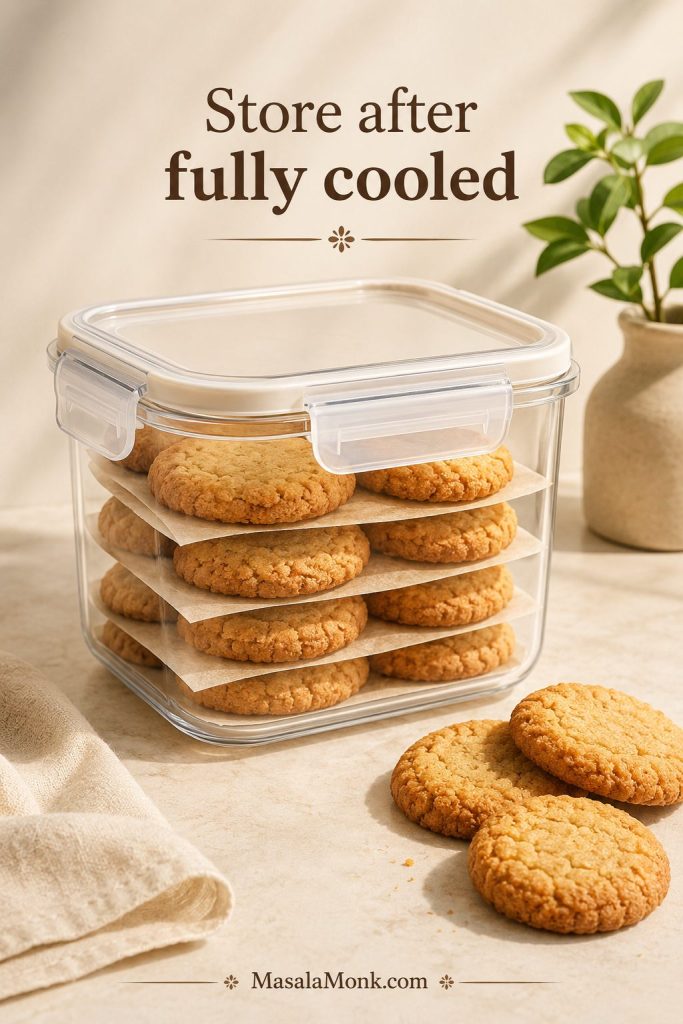 Almond flour cookies stored in an airtight container with parchment between the layers.