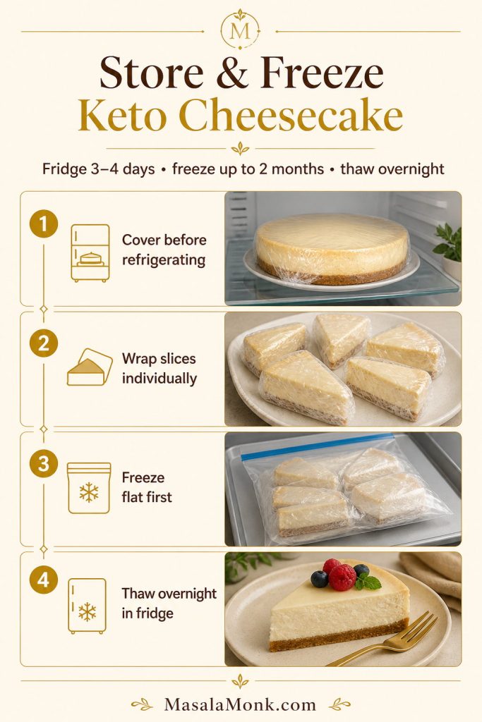 Storage guide showing covered keto cheesecake in the refrigerator, wrapped slices, frozen slices, and a thawed slice ready to serve.