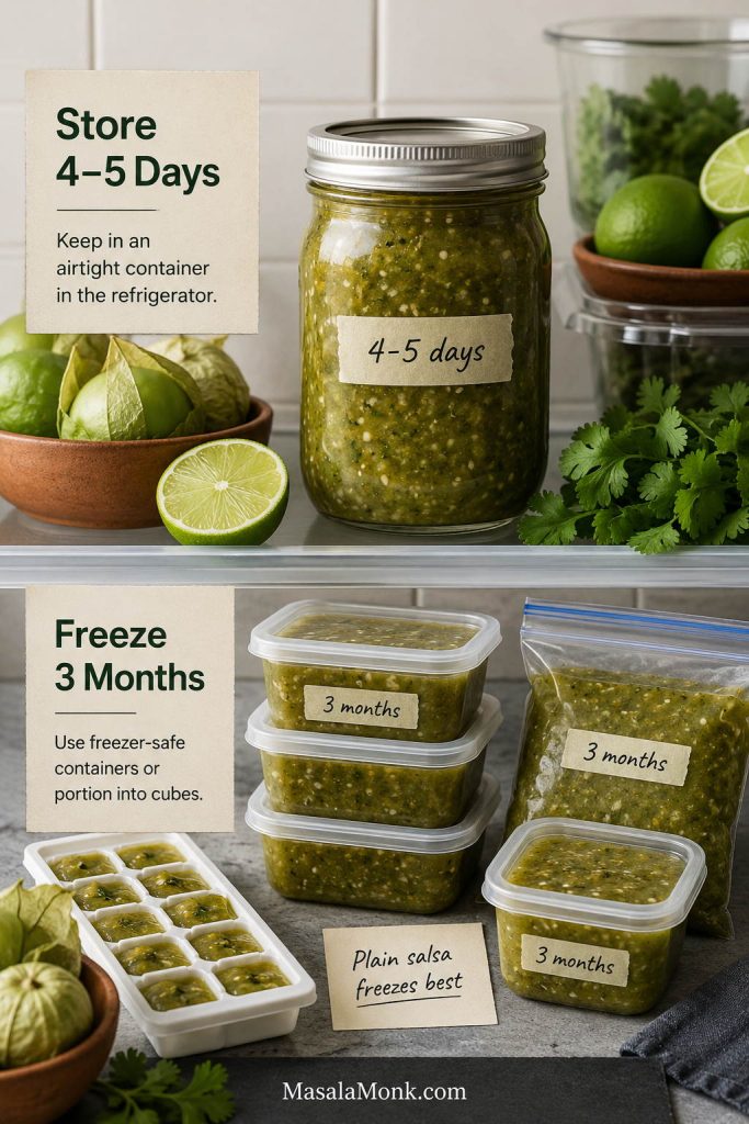 Salsa verde stored in a refrigerator jar, freezer containers, freezer bag, and ice cube tray with storage time labels