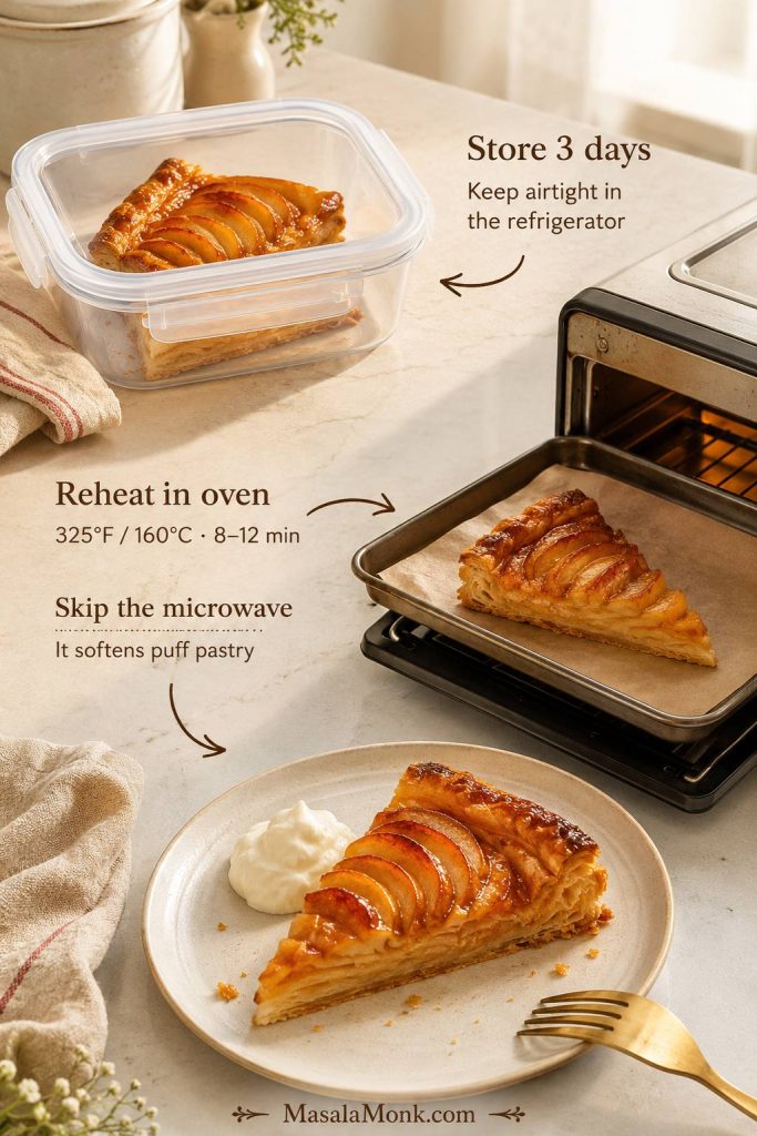Apple tart storage and reheating guide showing a slice in an airtight container, oven reheating, and a refreshed slice.