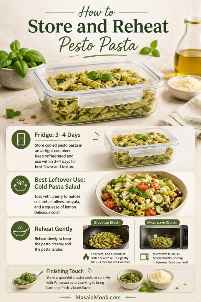 Storage and reheating guide for pesto pasta with an airtight container, cold pasta salad and gentle reheating options