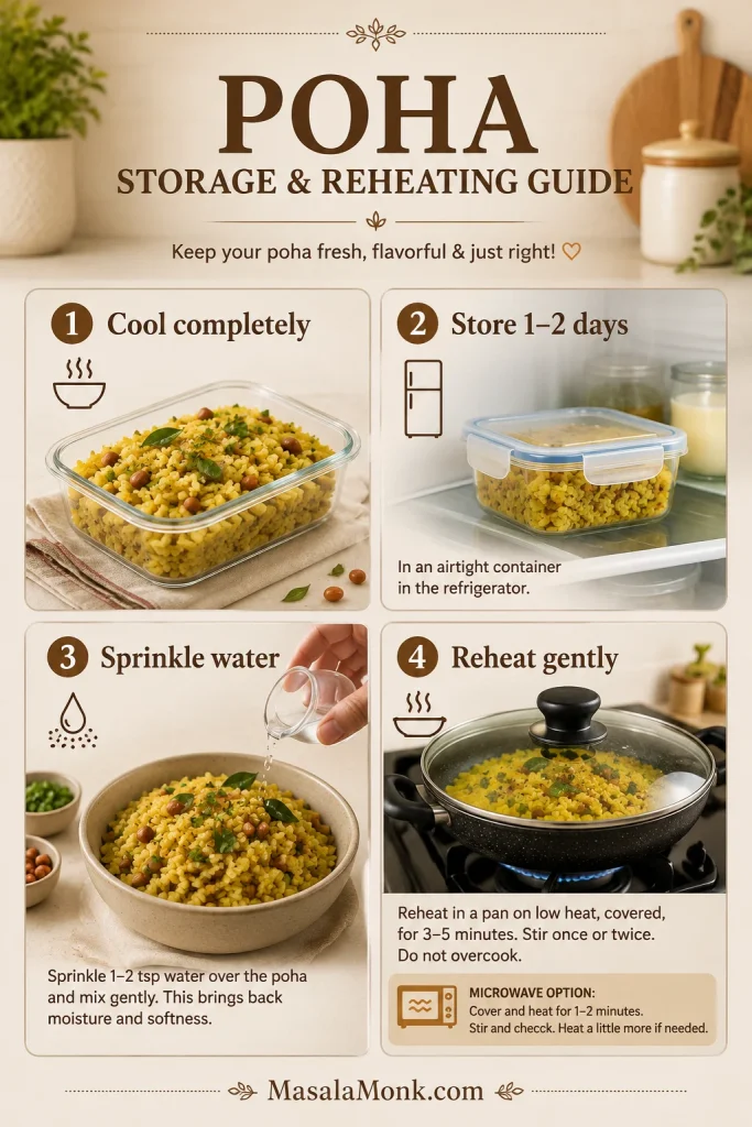 Storage and reheating guide for poha showing cooling, airtight storage, sprinkling water, and reheating gently in a covered pan.