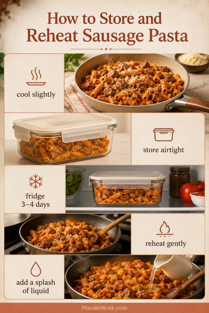 Storage and reheating guide for sausage pasta with an airtight container, fridge cue, reheating skillet, and splash of liquid.