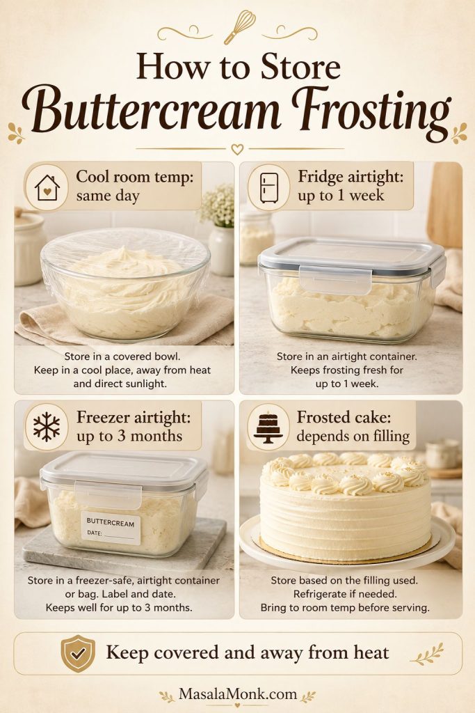 Storage guide showing covered buttercream at room temperature, an airtight fridge container, freezer storage, and a frosted cake.