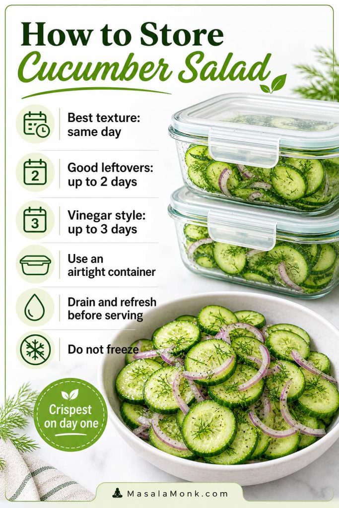 Storage guide for cucumber salad showing airtight containers, same-day best texture, up to 2 days for leftovers, up to 3 days for vinegar style, and do not freeze.