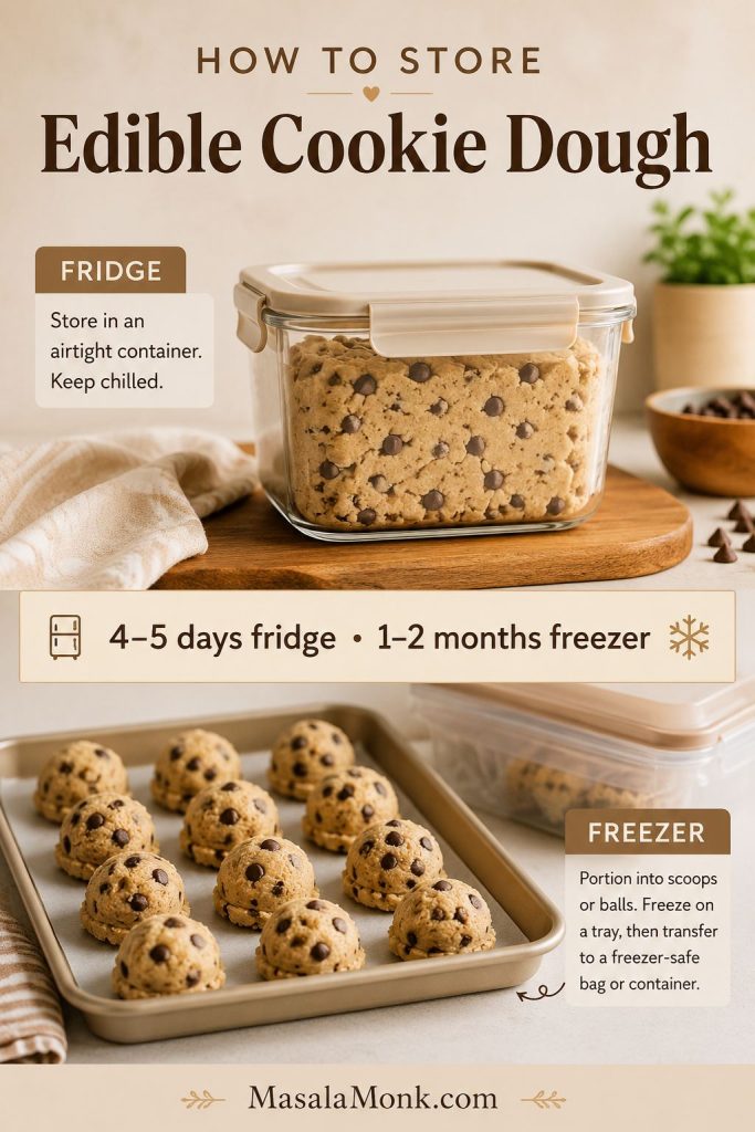 Storage guide for edible cookie dough showing an airtight container for the fridge and portioned scoops for the freezer, with timing notes.
