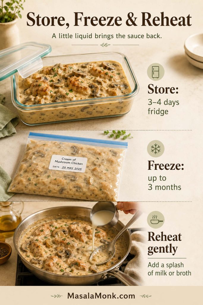 Storage guide for cream of mushroom chicken showing a fridge container, freezer bag, and reheating in a skillet with milk or broth.