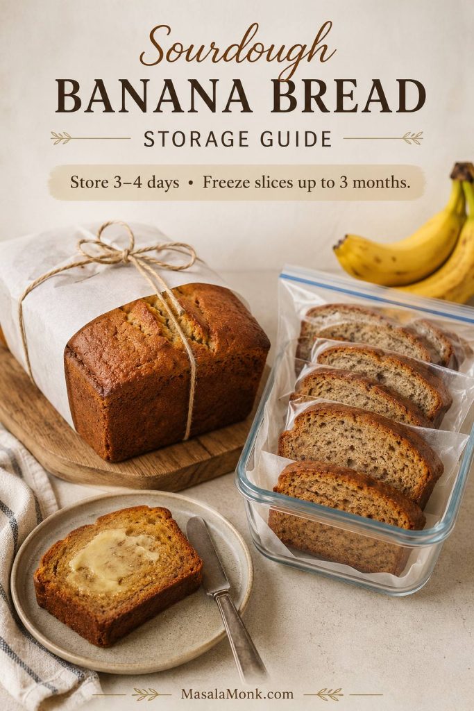 Storage guide for sourdough banana bread with wrapped loaf, sliced bread in a freezer container, and a buttered slice on a plate.