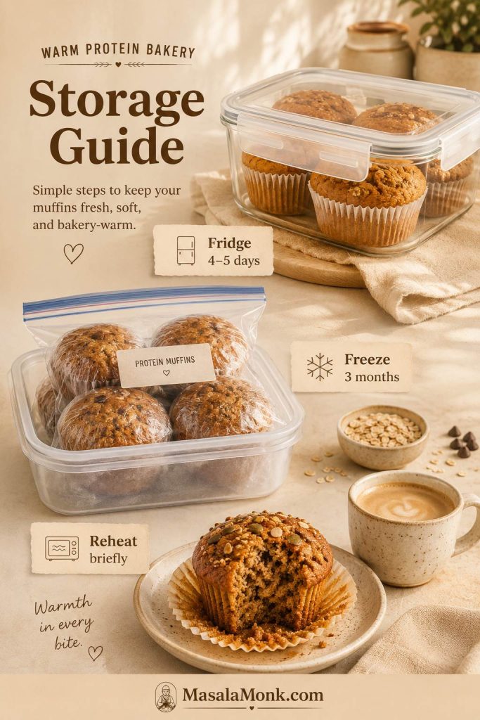 Storage guide for high protein muffins showing fridge storage, freezer storage, and reheating.