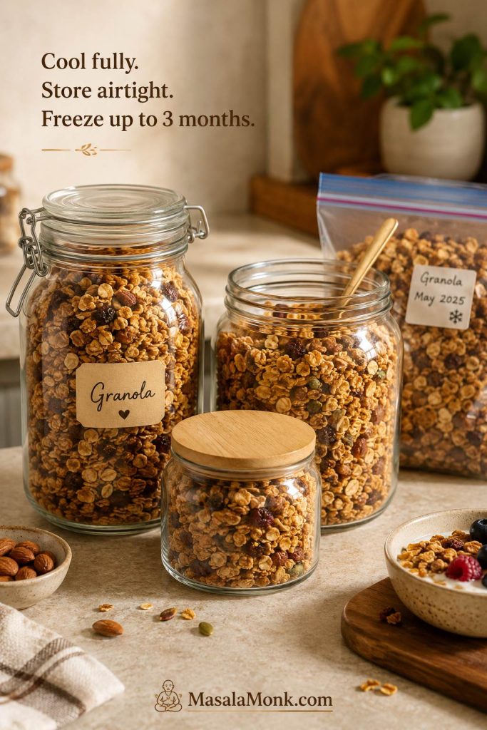 Airtight jars and a freezer bag of cooled homemade granola on a warm kitchen counter with storage guidance.