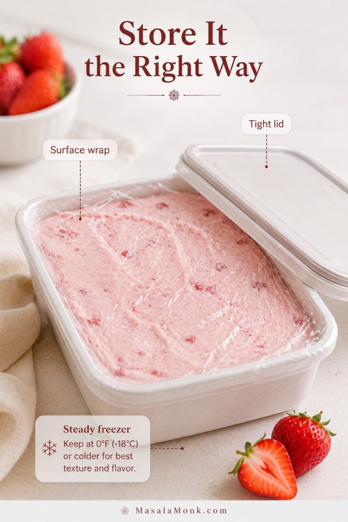 Homemade strawberry ice cream in a shallow container with surface wrap and a tight lid for freezer storage