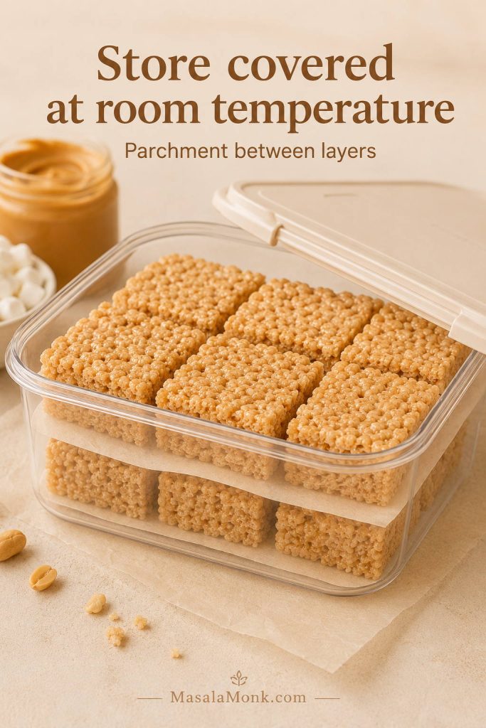 Peanut butter rice crispy treats stored in an airtight container with parchment between the layers.