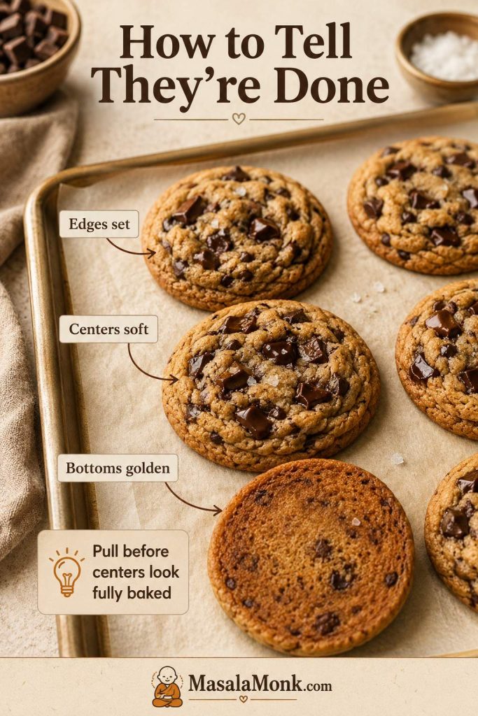 Doneness guide for chocolate chip cookies showing set edges, soft centers, golden bottoms, and a reminder to pull before centers look fully baked.