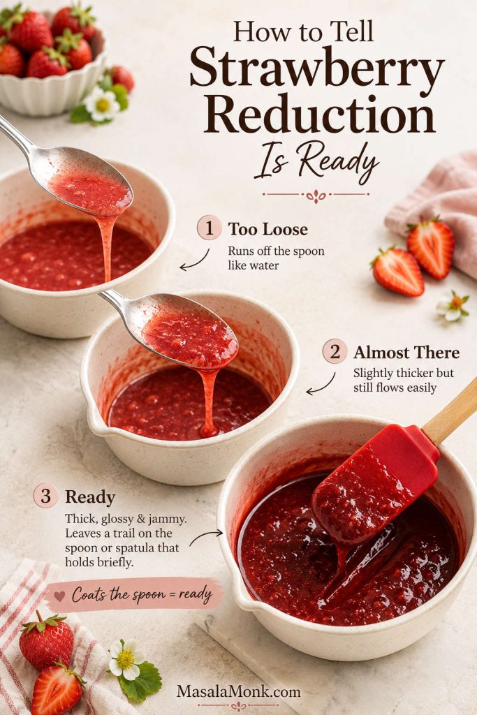 Three stages of strawberry reduction showing too loose, almost ready, and thick jammy purée