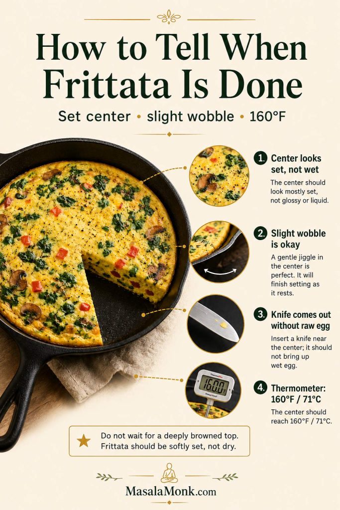Doneness guide for frittata showing a set center, slight wobble, knife test, and thermometer reading 160°F or 71°C.