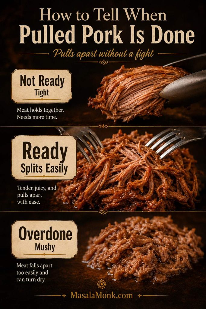 Pulled pork doneness guide comparing tight not-ready pork, ready pork that splits easily, and overdone mushy pork.