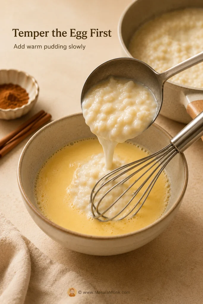 Warm rice pudding being slowly added to a bowl of whisked egg and milk to temper the egg.