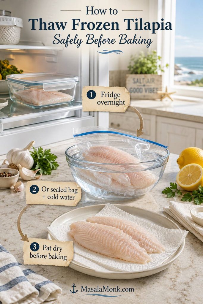 Frozen tilapia thawing setup with a refrigerator container, a sealed bag in cold water, and paper towels for drying.