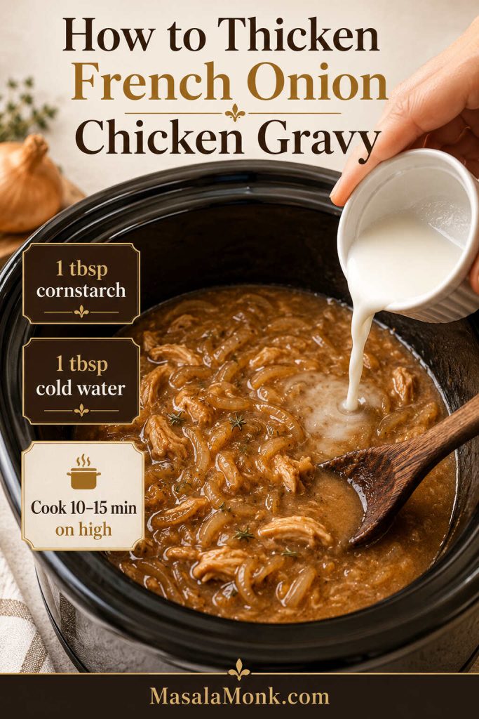 Cornstarch slurry being poured into French onion chicken gravy in a slow cooker.