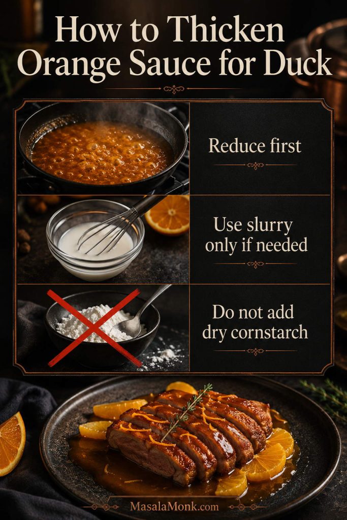 Thickening guide showing reduced sauce, cornstarch slurry, and a warning not to add dry cornstarch
