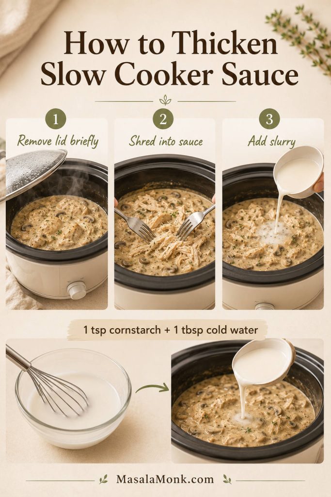 Guide showing how to thicken slow cooker cream of mushroom chicken sauce by removing the lid, shredding chicken, or adding slurry.