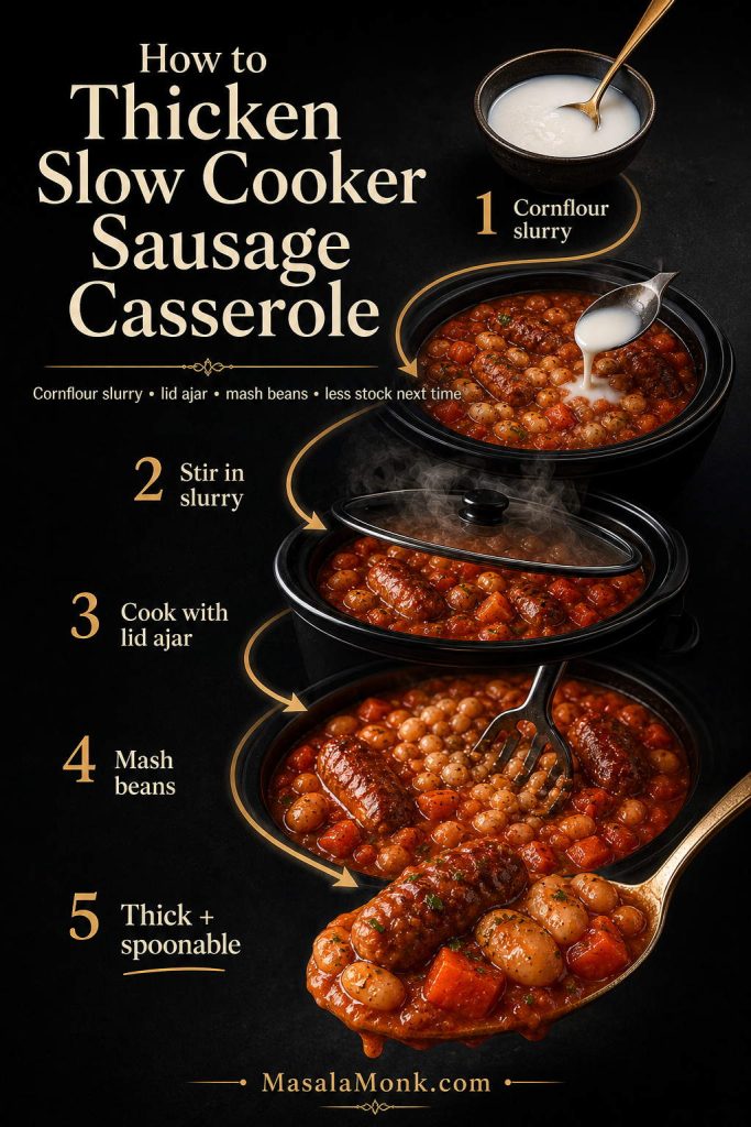 Guide to thickening slow cooker sausage casserole with cornflour slurry, lid ajar, mashed beans and reduced stock.