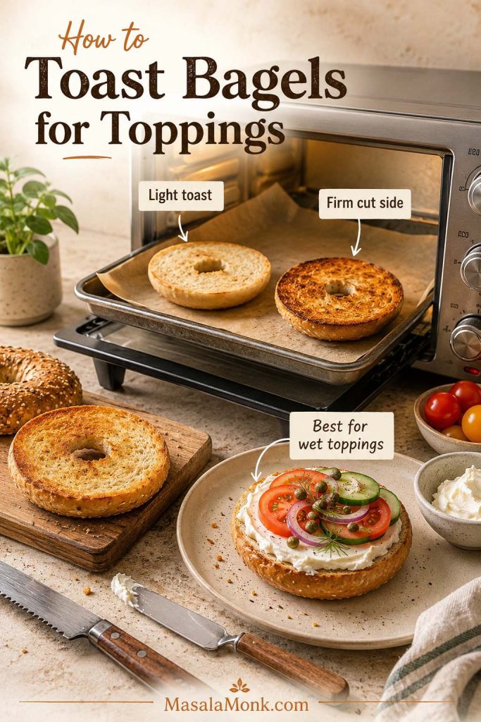 Toaster oven scene showing light toast, firm toasted cut side, and a topped bagel with cream cheese, tomato, cucumber, onion, and capers.