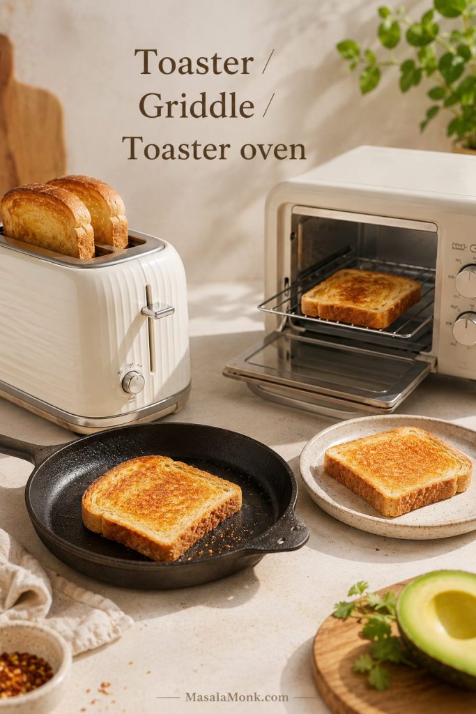 Bread toasting options for avocado toast with a toaster, griddle, toaster oven, and golden toasted bread.