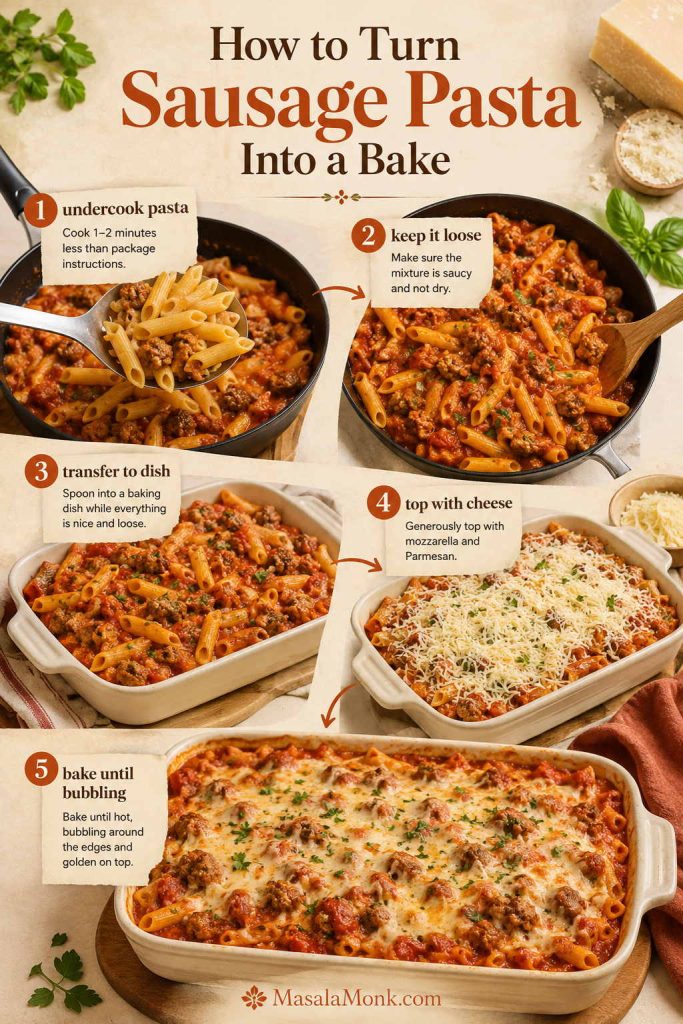 Step-by-step guide for turning sausage pasta into a bake by undercooking pasta, keeping it loose, topping with cheese, and baking.