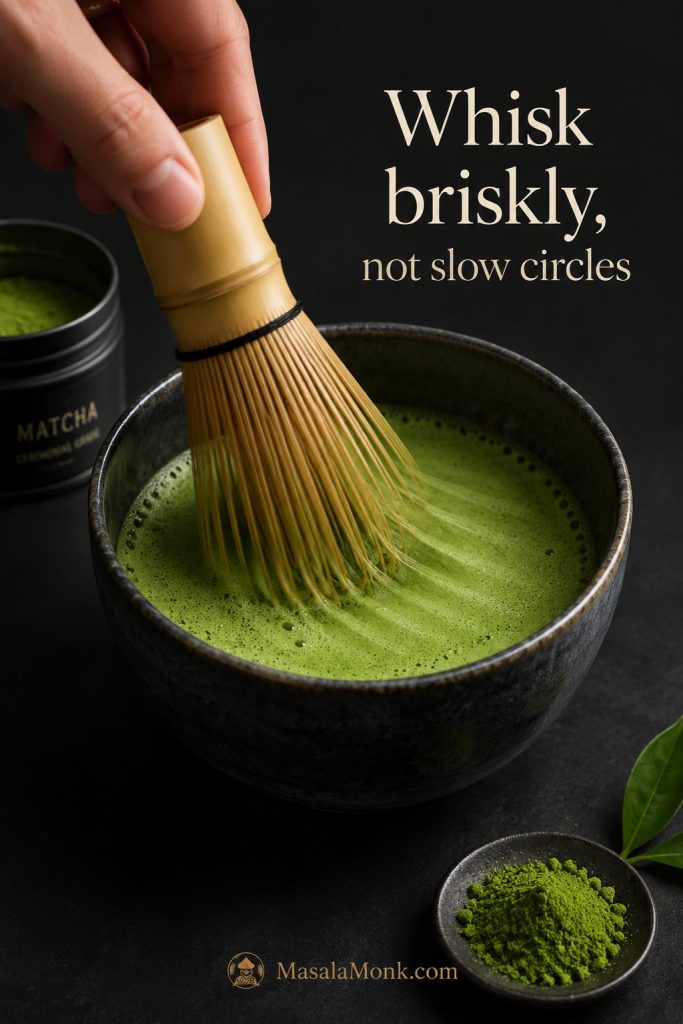Bamboo whisk moving through foamy matcha in a bowl with matcha powder nearby.