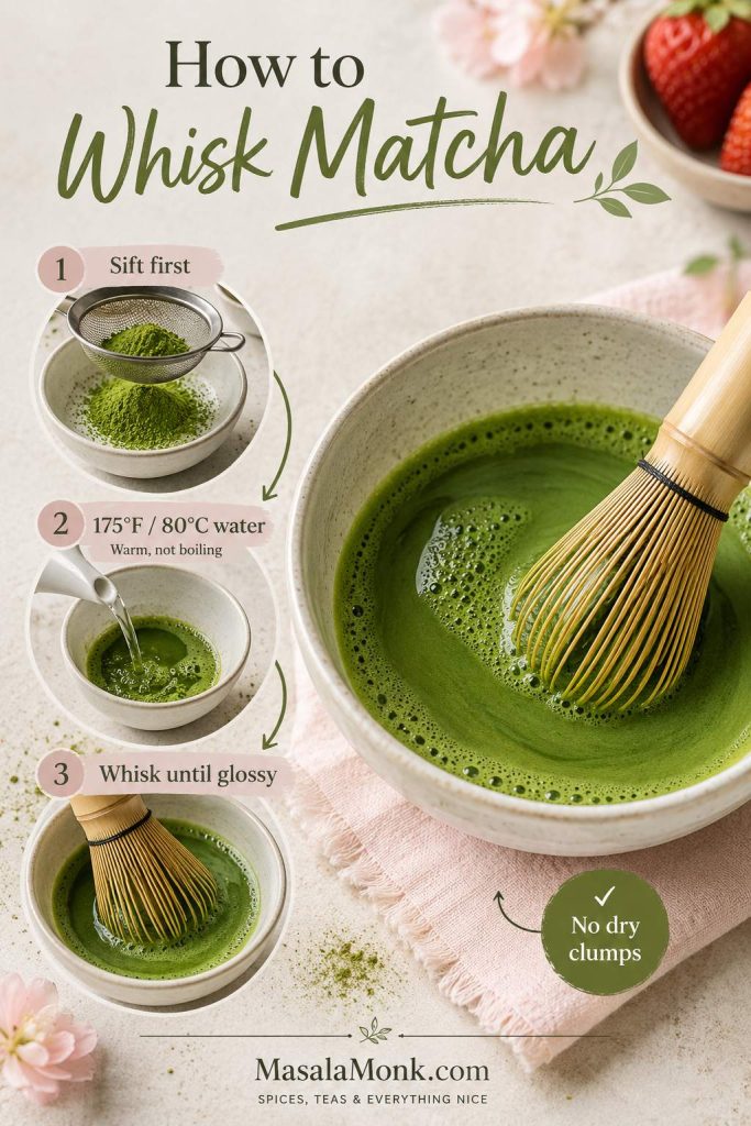 Matcha whisking guide showing sifted matcha, warm water, whisking, glossy matcha, and no dry clumps.