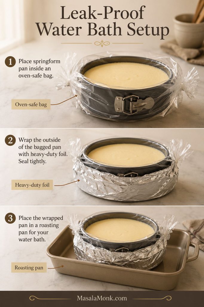 Step-by-step setup showing a springform pan inside an oven-safe bag, wrapped with foil, and placed in a roasting pan.