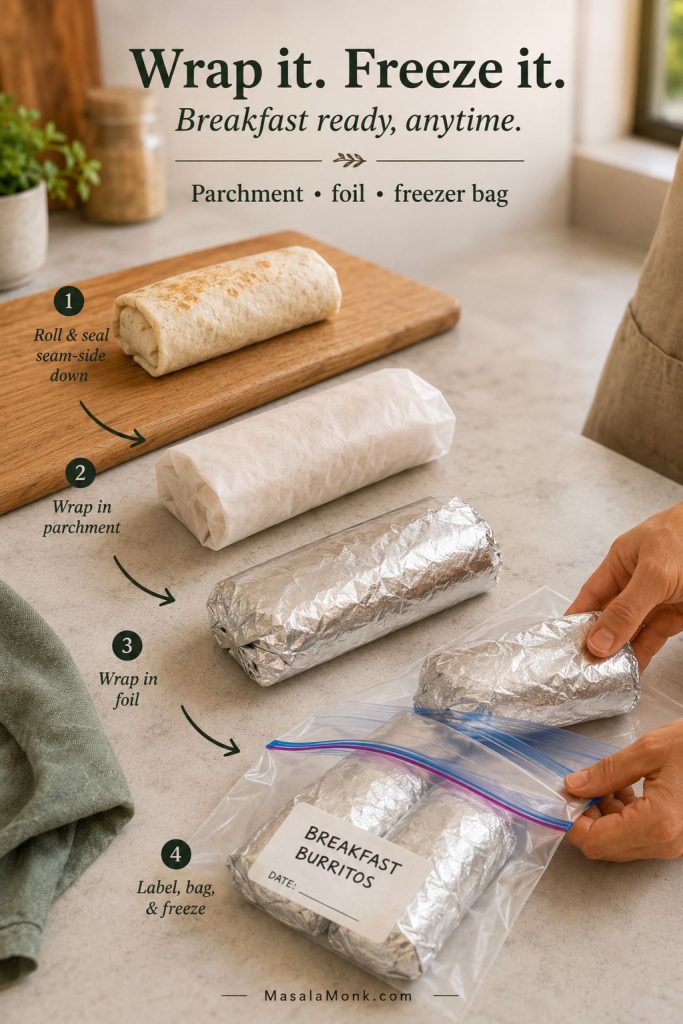 Wrapping sequence for freezer breakfast burritos showing a rolled burrito, parchment, foil, and a freezer bag.