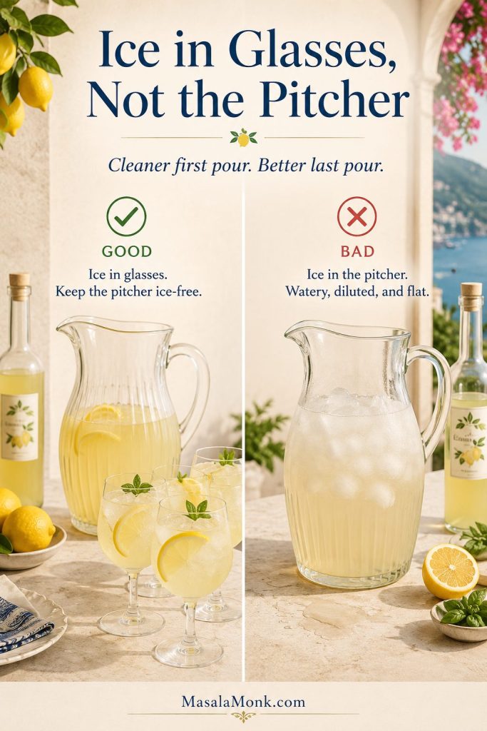 Comparison showing ice-filled glasses beside a pitcher and a separate pitcher with melting ice to explain why ice should not sit in the pitcher.