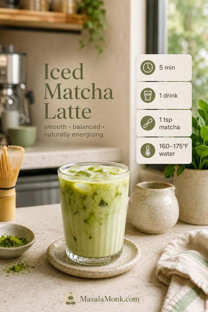 Iced matcha latte with quick recipe details for time, yield, matcha amount, and water temperature