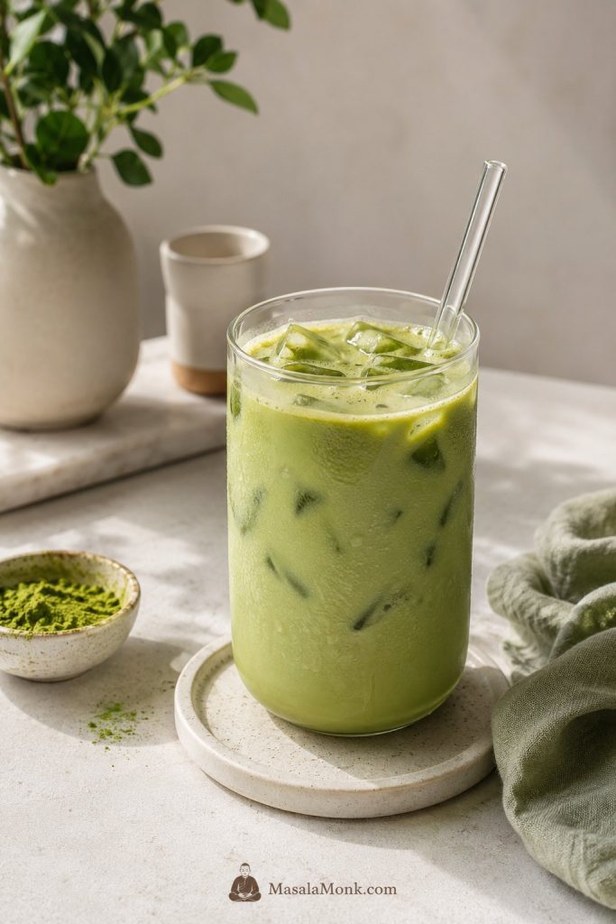 Finished iced matcha latte in a clear glass with ice, matcha powder, glass straw, and sage napkin