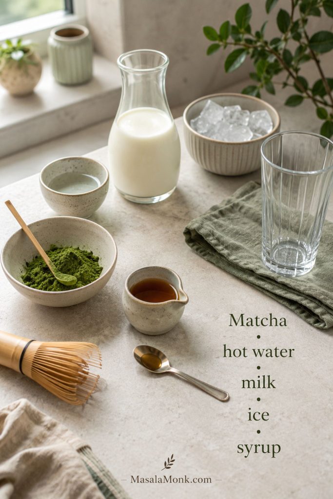 Matcha powder, hot water, milk, ice, syrup, and a glass arranged on a pale counter