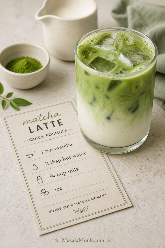 Iced matcha latte beside a quick formula card showing matcha, hot water, milk, and ice