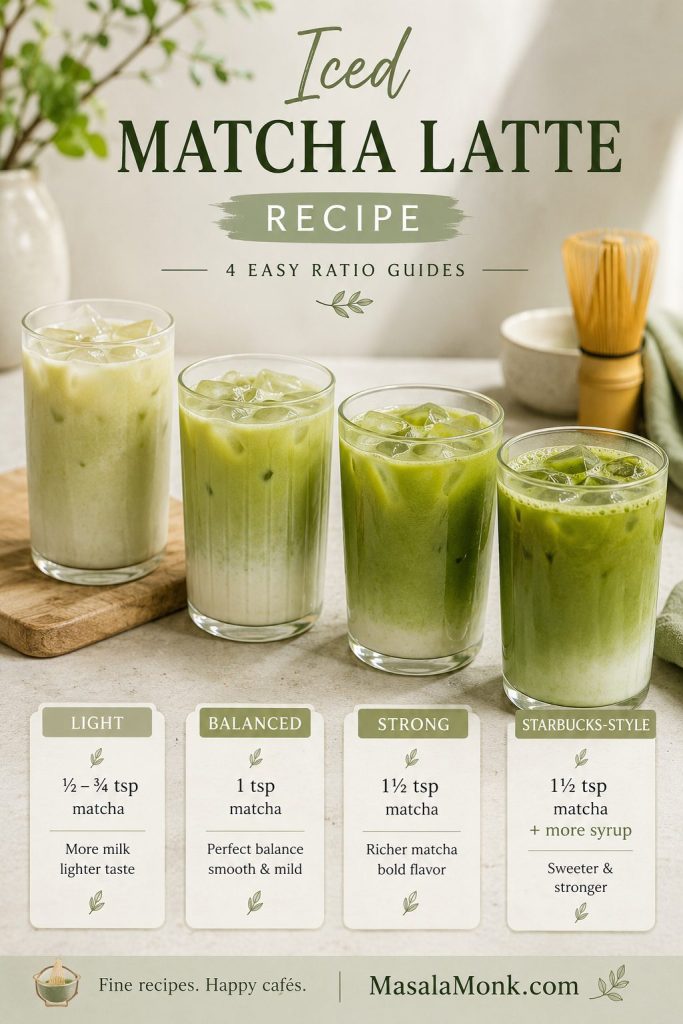 Four iced matcha latte glasses showing light, balanced, strong, and Starbucks-style ratios