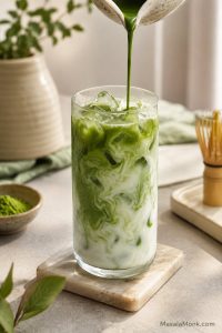 Tall glass of iced matcha latte with matcha swirled into cold milk and ice on a pale café counter.