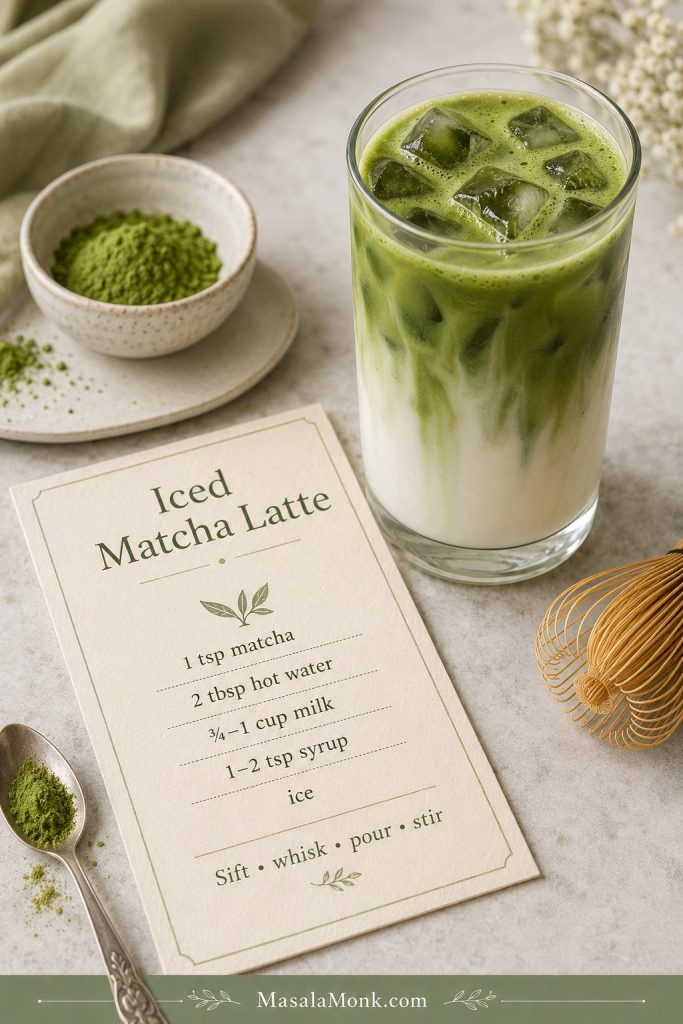 Iced matcha latte with a recipe card showing matcha, hot water, milk, syrup, ice, and method steps