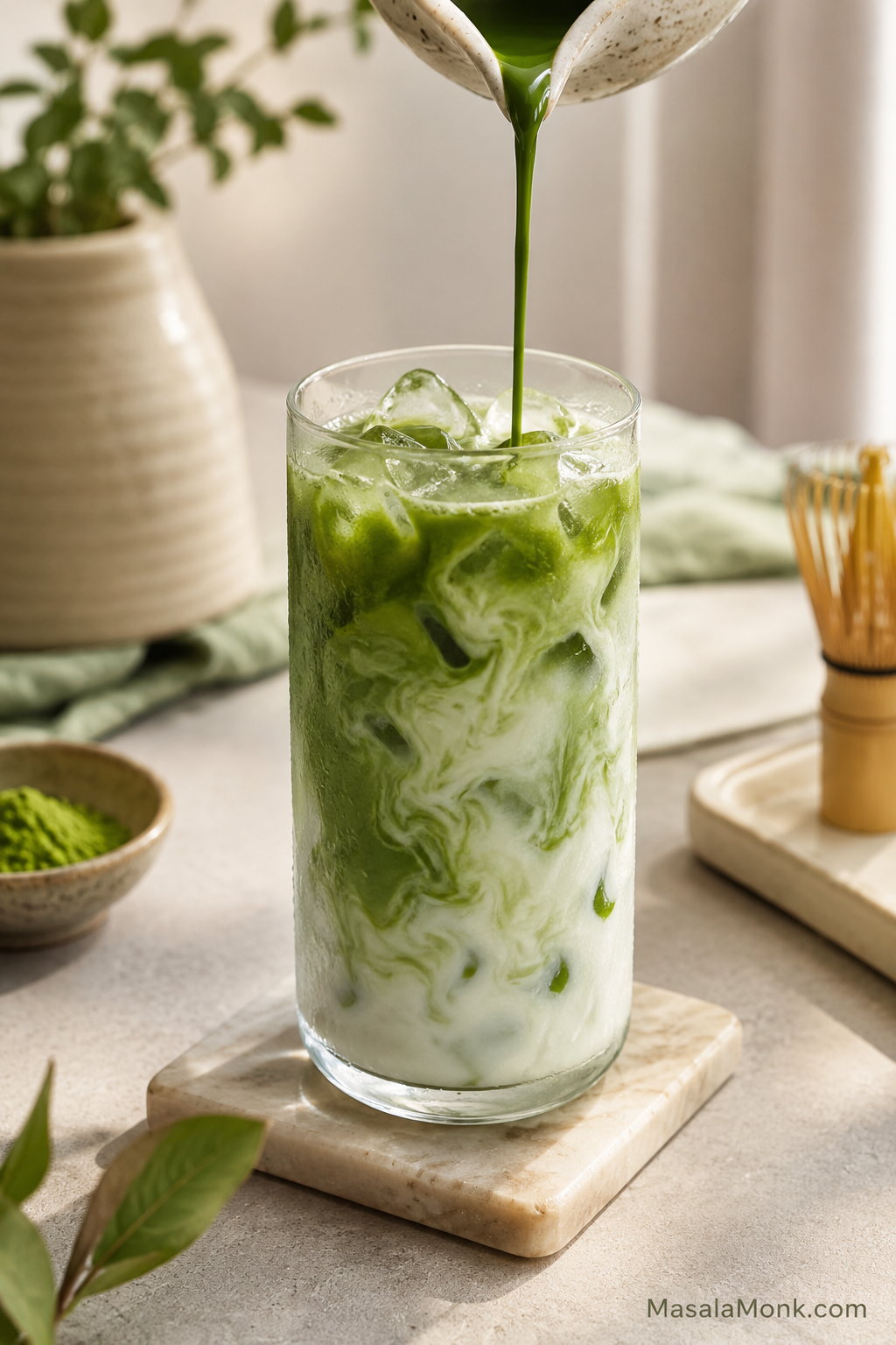 Tall glass of iced matcha latte with matcha swirled into cold milk and ice on a pale café counter.