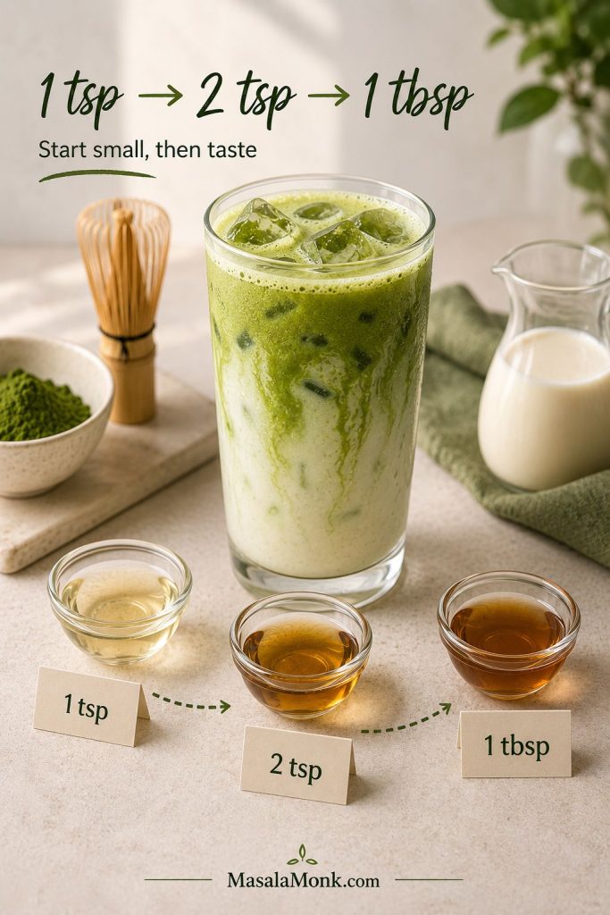 Iced matcha latte with syrup amounts labeled one teaspoon, two teaspoons, and one tablespoon